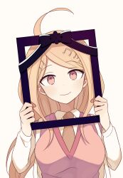  1girl 4_(nakajima4423) ahoge akamatsu_kaede backpack bag blonde_hair breasts brown_necktie closed_mouth collared_shirt commentary_request danganronpa_(series) danganronpa_v3:_killing_harmony eyelashes fortissimo hair_ornament highres holding_frame iei large_breasts light_blush long_hair long_sleeves musical_note musical_note_hair_ornament necktie pink_eyes pink_vest shirt simple_background smile solo straight-on upper_body v-neck vest white_background white_bag white_shirt 