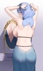  1girl ako_(blue_archive) ako_(dress)_(blue_archive) arms_up ass back backboob backless_dress backless_outfit blue_archive blue_dress blue_eyes blue_hair blush breasts butt_crack commentary dress from_behind hair_between_eyes hairband large_breasts looking_at_viewer looking_back lordol mirror reflection solo symbol-only_commentary 