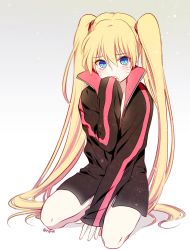  1girl artist_name bad_id bad_pixiv_id between_legs blonde_hair blue_eyes blush bottomless coat covered_mouth covering_privates covering_crotch embarrassed eyebrows facial_mark facing_viewer full_body genderswap genderswap_(mtf) gradient_background hair_between_eyes hair_tie hand_between_legs hand_to_own_mouth hand_up high_collar jacket kneeling light_particles long_hair long_sleeves looking_at_viewer naked_coat naruko_(naruto) naruto naruto_(series) nipye shy sitting sleeves_past_wrists solo twintails twitter_username uzumaki_naruto very_long_hair whisker_markings  rating:Sensitive score:79 user:danbooru