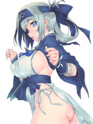 10s 1girl ainu_clothes ass bikini bikini_bottom_only blue_eyes breasts capelet covered_erect_nipples from_side funitarefu grey_hair hands_up headband kamoi_(kancolle) kantai_collection large_breasts long_hair looking_at_viewer parted_lips side-tie_bikini_bottom sideboob sidelocks simple_background solo swimsuit tabard tassel thick_eyebrows thighs twisted_torso white_background white_bikini rating:Questionable score:35 user:danbooru