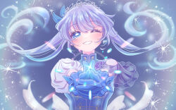  1girl asymmetrical_clothes back_bow blue_background blue_eyes blue_flower blue_gloves blue_hair blue_rose blue_theme blue_vest blush bow dot_nose earrings flower fuka_(f_uka_1021) gloves gradient_hair grin head_tilt highres jewelry light_particles long_hair looking_at_viewer multicolored_hair nijisanji one_eye_closed pointing pointing_at_viewer puffy_sleeves rose simple_background single_earring smile solo sparkle straight-on tiara twintails upper_body vest virtual_youtuber white_bow yuuki_chihiro yuuki_chihiro_(12th_costume) 