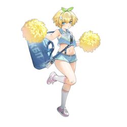  1girl aged_down bag bandaid bandaid_on_knee bandaid_on_leg blonde_hair blue_bag blue_eyes blue_shirt blue_shorts blush cheerleader collared_shirt duffel_bag full_body girls&#039;_frontline green_hairband hair_ornament hairband holding holding_pom_poms id_card looking_at_viewer micro_shorts midriff mole mole_under_eye navel official_alternate_costume official_art open_mouth pink_footwear pom_pom_(cheerleading) pom_poms shirt shoes short_hair shorts simple_background siqi_(miharuu) sleeveless sleeveless_shirt sneakers snowflake_hair_ornament socks solo standing standing_on_one_leg sweat third-party_source transparent_background vsk-94_(dance_like_the_blazing_sun)_(girls&#039;_frontline) vsk-94_(girls&#039;_frontline) white_socks 