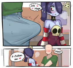 1boy 1girl 2koma blush breasts bulge comic english_text erection erection_under_clothes highres looking_at_penis medium_breasts monster_girl penis_awe skullgirls squigly_(skullgirls) zombie_girl  rating:Questionable score:30 user:anon-sama3
