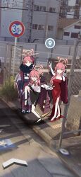  3girls ;d aru_(blue_archive) aru_(dress)_(blue_archive) aru_(new_year)_(blue_archive) black_footwear black_skirt blue_archive blunt_bangs breasts brown_coat brown_gloves chain-link_fence cleavage clone closed_mouth coat coat_on_shoulders collared_shirt demon_horns double_v dress fence floral_print_kimono fur-trimmed_coat fur-trimmed_kimono fur_trim gabriel_automatic_subtitle_manual_bot gloves halo high-waist_skirt high_heels high_school_girls_posing_for_google_street_view_(meme) highres horns jacket jacket_on_shoulders japanese_clothes kimono leg_up long_coat long_hair looking_at_viewer meme multiple_girls neck_ribbon one_eye_closed open_mouth outdoors pencil_skirt photo_background pink_hair pink_halo red_dress red_jacket red_kimono red_ribbon ribbon road_sign shirt shirt_tucked_in sign skirt smile socks standing standing_on_one_leg v white_gloves white_shirt white_socks yellow_eyes 