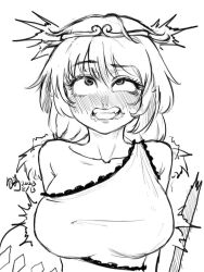  1girl blush breasts clenched_teeth collarbone crown dated large_breasts monochrome nose signature solo son_biten teeth touhou unfinished_dream_of_all_living_ghost  rating:Questionable score:6 user:Crimlewds