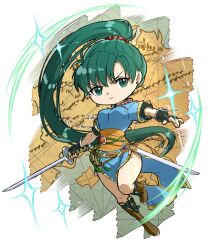  1girl black_gloves blue_dress breasts brown_footwear closed_mouth delsaber dress earrings fingerless_gloves fire_emblem fire_emblem:_the_blazing_blade full_body gloves green_eyes green_hair highres holding holding_sword holding_weapon jewelry long_hair looking_at_viewer lyn_(fire_emblem) map_background nintendo ponytail sheath short_sleeves solo sword thighs very_long_hair weapon 