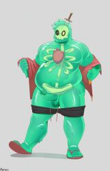  1boy absurdres bara bare_pectorals big_belly black_male_swimwear black_sclera colored_sclera colored_skin doug_(monster_prom) erection fat fat_man green_skin hawaiian_shirt highres kee74219 looking_at_viewer male_focus male_swimwear male_swimwear_pull monster_boy monster_prom no_male_underwear object_through_head one_eye_closed open_clothes open_shirt pectorals penis seductive_smile see-through shirt shirt_partially_removed short_shorts shorts slime_boy slippers smile solo standing sword_in_head tareme uncensored undressing 