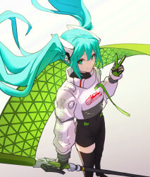  1girl absurdres black_bodysuit black_footwear black_gloves blue_eyes blue_hair bodysuit boots chinese_commentary covered_navel cropped_jacket flag floating_hair galaxy_july gloves goodsmile_racing green_gloves hatsune_miku highres holding holding_flag jacket long_hair racing_miku racing_miku_(2022) single_thigh_boot solo thigh_boots twintails two-tone_gloves vocaloid white_jacket 