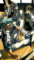  3boys absurdres arm_on_knee bandage_on_face bandages black_eyes black_hair black_shirt bleach blue_eyes blue_hair bracelet classroom collarbone collared_jacket cropped_jacket delinquent desk earrings facial_mark from_above green_eyes green_shirt grimmjow_jaegerjaquez hair_between_eyes hand_up hands_in_pockets highres indoors jacket jewelry long_hair long_sleeves looking_at_viewer male_focus multiple_boys necklace nnoitra_gilga on_desk open_mouth pants pointy_footwear ponytail school_uniform shirt short_hair sitting sleeves_rolled_up slit_pupils teeth tongue tongue_out ulquiorra_cifer white_footwear white_jacket white_pants xi_luo_an_ya 