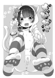 1girl absurdres animal_ears animal_hood anus bad_id bad_pixiv_id bandaid bandaid_on_pussy blush bow breasts cat_ears cat_hood cat_tail dancho_(dancyo) fangs feet fingerless_gloves flat_chest gloves greyscale hair_ornament highres hood hoodie loli looking_at_viewer monochrome nipples no_shoes open_mouth original paw_print paw_print_palms paw_print_socks paw_print_soles short_hair smile soles solo striped_clothes striped_thighhighs tail thighhighs unzipped rating:Explicit score:129 user:danbooru