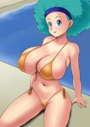  1girl bikini breasts bulma dragon_ball green_hair gummslime huge_breasts solo swimsuit 