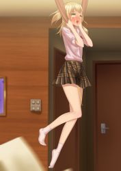  1girl absurdres aihara_yuzu asphyxiation blonde_hair blush breasts choking citrus_(saburouta) female_focus hanged highres peeing peril punishment restrained rolling_eyes rope school_uniform solo strangulation tagme tears tongue  rating:Explicit score:60 user:Slippery_when_wet
