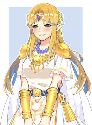  1girl armor blonde_hair blue_eyes blush breasts cape commission cowboy_shot dress earrings gold grin jewelry long_hair necklace nintendo ooshio7734 pointy_ears princess_zelda shoulder_armor sidelocks skeb_commission smile solo super_smash_bros. the_legend_of_zelda the_legend_of_zelda:_a_link_between_worlds white_dress 