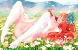  1girl cleft_of_venus dollachan dota_(series) dota_2 feet field flower flower_on_head green_eyes highres looking_at_viewer lying nude orange_hair puffy_pussy pussy spread_legs windranger_(dota)  rating:Explicit score:11 user:Art_Of_Dollachan