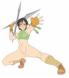  1990s_(style) 1girl armlet blush bottomless brown_eyes brown_hair clenched_teeth female_focus final_fantasy final_fantasy_vii fingerless_gloves gloves headband legs looking_at_viewer looking_away mosukko navel nippleless_clothes nipples pussy short_hair solo squatting teeth uncensored weapon yuffie_kisaragi 