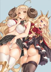  10s 2girls ahoge anila_(granblue_fantasy) ass bad_id bad_twitter_id blonde_hair blush bottomless breasts cagliostro_(granblue_fantasy) cle_masahiro clothes_lift draph granblue_fantasy grey_background horns huge_ass huge_breasts jpeg_artifacts large_breasts long_hair multiple_girls no_panties open_mouth plump purple_eyes sheep_horns simple_background thick_thighs thighhighs thighs  rating:Questionable score:109 user:danbooru
