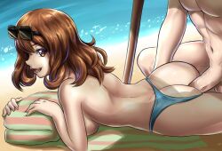  1boy 1girl ass back beach beach_towel beach_umbrella breasts brown_eyes brown_hair creatures_(company) game_freak heart heart-shaped_pupils hetero highres looking_at_viewer matching_hair/eyes nintendo ocean open_mouth penis pokemon pokemon_oras sand sex sex_from_behind solo_focus sunglasses_on_head swimmer_(pokemon) symbol-shaped_pupils teeth terufuu third-party_edit tongue topless towel umbrella vaginal 