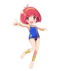  1girl anklet antenna_hair bob_cut bracelet child cotton_(character) cotton_(game) full_body highres jewelry kasiori looking_at_viewer official_art one-piece_swimsuit open_mouth red_eyes red_hair short_hair solo success swimsuit  rating:General score:7 user:OpaBro