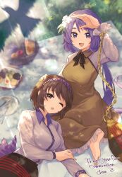 2girls apple bird biwa_lute black_skirt brown_dress brown_eyes brown_hair chain commission cookie dress efxc flower flower_on_head food fruit grass hairband hand_on_another&#039;s_head highres instrument koto_(instrument) long_hair long_sleeves looking_at_viewer lute_(instrument) lying lying_on_lap multiple_girls on_side one_eye_closed open_mouth outdoors picnic plate ponytail purple_eyes purple_hair shadow shirt short_hair siblings sisters skeb_commission skirt touhou tsukumo_benben tsukumo_yatsuhashi white_shirt