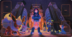  1girl boots creatures_(company) flareon game_freak gen_1_pokemon gen_2_pokemon gen_4_pokemon gen_6_pokemon hands_in_pockets hood hood_up hoodie jolteon leafeon looking_at_viewer night night_sky nintendo official_art penny_(pokemon) pokemon pokemon_(creature) pokemon_sv sky standing sylveon umbreon vaporeon 