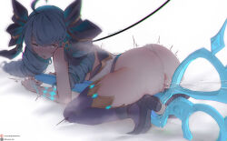 1girl absurdres all_fours anus artist_name ass bare_arms bare_shoulders black_bow blush bow drill_hair female_ejaculation glowing_markings gwen_(league_of_legends) hair_bow high_heels highres housou-kun league_of_legends leash long_hair looking_to_the_side oversized_object purple_thighhighs pussy scissors shirt solo tears thighhighs tongue tongue_out twin_drills twintails white_background white_shirt rating:Explicit score:47 user:danbooru