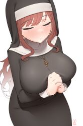  1girl absurdres alternate_costume artist_name black_dress blush breasts brown_hair closed_eyes dress from_above habit highres indie_virtual_youtuber jewelry kijikoru large_breasts long_hair long_sleeves looking_at_viewer miori_celesta necklace nose_blush nun own_hands_clasped own_hands_together simple_background solo swept_bangs traditional_nun treble_clef very_long_hair virtual_youtuber white_background  rating:Sensitive score:28 user:danbooru