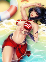  1girl arm_up artist_name au_ra beach bikini black_hair breasts breasts_apart commission diagonal_bangs dragon_horns dragon_tail facing_viewer final_fantasy final_fantasy_xiv horns innertube large_breasts lips long_hair looking_at_viewer lying mstivoy navel on_back parted_lips patreon_username ponytail red_bikini sarong scales solo swim_ring swimsuit tail warrior_of_light_(ff14) water watermark web_address yellow_eyes 