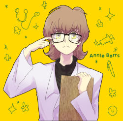  1girl annie_barrs brown_hair character_name coat earrings glasses jewelry short_hair tales_of_(series) tales_of_rebirth yellow_background yellow_eyes  rating:Sensitive score:3 user:wereAR