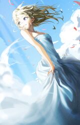  1girl absurdres bare_arms bare_shoulders blonde_hair blue_sky breasts cloud day dress dutch_angle falling_petals firehippo floating_hair from_below from_side hashtag-only_commentary highres light_rays long_dress long_hair looking_back medium_breasts open_mouth original outdoors petals purple_eyes sideways_glance skirt_hold sky solo strapless strapless_dress sunbeam sunlight teeth thick_eyelashes turning_head white_dress wind 