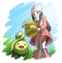  1girl beanie black_hair boots budew closed_mouth coat commentary_request creatures_(company) dawn_(pokemon) day eyelashes game_freak gen_1_pokemon gen_4_pokemon grey_eyes hair_ornament hairclip hat highres holding long_hair long_sleeves looking_down mayagi_(mayagi61) nintendo outdoors over-kneehighs pink_footwear pokemon pokemon_(creature) pokemon_dppt pokemon_platinum psyduck scarf sidelocks sky smile thighhighs watering watering_can white_hat white_scarf 