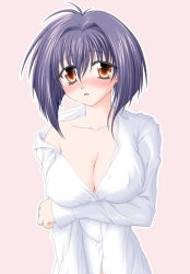  00s 1girl arm_under_breasts bare_shoulders blush breast_hold breasts brown_eyes cleavage covered_erect_nipples karin large_breasts maaka_karin no_bra open_clothes open_shirt purple_hair red_eyes satanachia shirt short_hair solo 