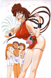  1990s_(style) 4girls absurdres blush braid breasts brown_hair character_request china_dress chinese_clothes clenched_teeth dark-skinned_female dark_skin dress folding_fan glasses hand_fan highres impossible_clothes kimura_takahiro large_breasts leaning_forward long_hair looking_at_viewer mega_blade multiple_girls naked_towel no_bra orange_hair petals purple_hair retro_artstyle round_eyewear scan scan_artifacts short_hair simple_background single_braid smile sweatdrop teeth thigh_strap towel very_long_hair white_background 