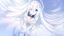  1girl bare_shoulders blue_eyes breasts cleavage collar detached_sleeves dress from_above hair_over_one_eye headband heterochromia highres long_hair looking_at_viewer open_mouth original own_hands_together purple_eyes solo very_long_hair white_dress white_hair wide_sleeves yoaferia  rating:Sensitive score:5 user:danbooru