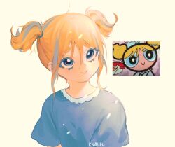  1girl artist_name blonde_hair blue_eyes bubbles_(ppg) buttercup_redraw_challenge_(meme) commentary derivative_work english_commentary eyebrows_hidden_by_hair knaiifu loose_hair_strand meme messy_hair powerpuff_girls reference_inset screenshot_redraw sidelocks signature simple_background solo twintails upper_body 