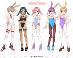  5boys :d absurdres animal_ears armpit_crease armpits arms_behind_back artist_name bare_shoulders black_footwear black_hair black_leotard black_ribbon blonde_hair blue_leotard blush bow bowtie brown_footwear brown_hair brown_pantyhose bulge choker closed_mouth collarbone covered_navel crossdressing crossed_arms cutiendirty dark-skinned_male dark_skin detached_collar english_text eyelashes fishnet_thighhighs fishnets floppy_ears fur_choker hair_between_eyes hand_on_own_hip hand_up highres legs leotard loafers long_hair male_focus male_playboy_bunny multiple_boys neck_ribbon necktie o-ring o-ring_choker open_mouth original over-kneehighs oversized_breast_cup pantyhose parted_bangs patterned_background pink_choker pink_hair purple_hair purple_leotard rabbit_ears red_necktie ribbon shoes short_hair side-tie_leotard smile sneakers standing strapless strapless_leotard striped_clothes striped_leotard thigh_strap thighhighs thighs trap twitter_username two-tone_leotard w white_leotard white_pantyhose white_thighhighs  rating:Questionable score:50 user:danbooru