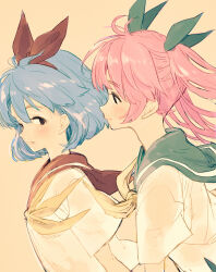  2girls alternate_costume behind_another black_eyes blue_hair blush brown_background closed_mouth commentary_request dutch_angle floating_hair green_ribbon green_sailor_collar highres long_hair looking_at_another looking_back multiple_girls neckerchief omega_rei omega_rio omega_sisters parted_lips pink_hair ribbon sailor_collar school_uniform see-through_silhouette serafuku short_hair short_sleeves simple_background smile tamo_(gaikogaigaiko) twintails upper_body virtual_youtuber wind yellow_neckerchief 