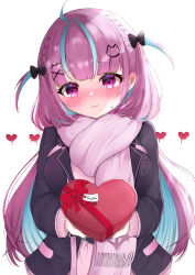  1girl absurdres ahoge black_bow black_jacket blazer blue_hair blunt_bangs blush bow box braid breasts cardigan cat_hair_ornament closed_mouth colored_inner_hair english_text enpera gift hair_bow hair_ornament hairclip head_tilt heart heart-shaped_box heonemo_0412 highres holding holding_gift hololive jacket large_breasts long_hair long_sleeves looking_at_viewer minato_aqua minato_aqua_(school_uniform) multicolored_hair open_clothes open_jacket pink_cardigan purple_eyes purple_hair purple_scarf scarf school_uniform smile solo streaked_hair sweat two_side_up upper_body valentine virtual_youtuber wavy_mouth white_background x_hair_ornament 