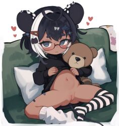 1girl :3 @_@ animal_ear_piercing antenna_hair asymmetrical_legwear bandaid bandaid_on_leg black_hair black_sweater black_thighhighs blush cleft_of_venus closed_mouth clothes_lift commentary commission couch d-pad d-pad_hair_ornament dark-skinned_female dark_skin double-parted_bangs female_focus fish_hair_ornament glasses hair_ornament heart knees_apart_feet_together lifting_own_clothes loli long_sleeves looking_at_viewer loose_socks mismatched_legwear multicolored_hair navel on_couch original pillow puffy_long_sleeves puffy_sleeves pussy sa_ka_(sakanoya) short_hair sitting skeb_commission socks solo spread_legs striped_clothes striped_thighhighs stuffed_animal stuffed_toy sweater sweater_lift teddy_bear thick_eyebrows thighhighs two-tone_hair uncensored white_hair white_socks white_thighhighs rating:Explicit score:227 user:danbooru
