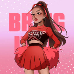  1girl absurdres animification ariana_grande breasts bring_it_on brown_eyes cheerleader commentary copyright_name dark-skinned_female dark_skin earrings glint hair_behind_ear hair_ribbon highres holding holding_pom_poms jewelry logo long_hair looking_at_viewer medium_breasts midriff_peek parted_lips pirorin21century pom_pom_(cheerleading) pom_poms ponytail real_life red_ribbon red_shirt red_skirt ribbon shirt skirt solo symbol-only_commentary very_long_hair 