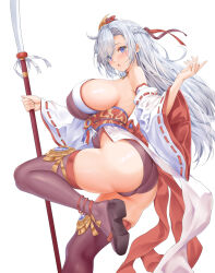  1girl ass asymmetrical_bangs bare_shoulders blue_eyes braid breasts choker commission covered_erect_nipples detached_sleeves french_braid from_side grey_hair hair_over_one_eye highres holding holding_polearm holding_weapon japanese_clothes large_breasts leotard leotard_under_clothes long_hair miko nontraditional_miko obi open_mouth original panties pixiv_commission polearm purple_eyes sandals sash sideboob simple_background solo thighhighs toyoman underwear weapon white_background white_hair wide_sleeves 
