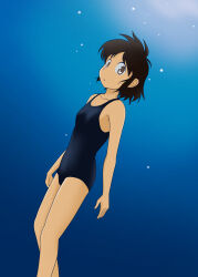  1girl air_bubble black_hair blue_one-piece_swimsuit bubble closed_mouth collarbone commentary dot_mouth floating from_side gradient_background grey_eyes highres looking_at_viewer makki morinaka_hajime one-piece_swimsuit short_hair solo swimsuit underwater yokohama_kaidashi_kikou 