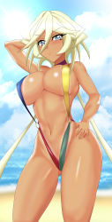 1girl absurdres aged_up beach blonde_hair blue_eyes blue_sky blush breasts carol_malus_dienheim cleavage closed_mouth cloud covered_erect_nipples day hair_between_eyes hand_on_own_hip highres large_breasts long_hair looking_at_viewer mole mole_under_eye multicolored_clothes multicolored_swimsuit navel ocean outdoors sand senki_zesshou_symphogear shiny_skin sky slingshot_swimsuit slingshot_tan solo standing sun swimsuit tan tanline tessa_(uma_orfevre) water