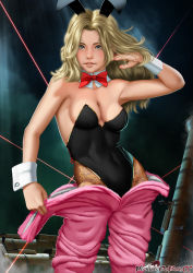  1girl animal_costume animal_ears bad_id bad_pixiv_id bare_shoulders becca_woolett black_leotard blonde_hair blue_eyes breasts capcom changing_clothes covered_navel cowboy_shot detached_collar fake_animal_ears laser leotard lips long_hair looking_at_viewer medium_breasts nefrubi pantyhose playboy_bunny rabbit_ears resident_evil resident_evil:_resistance rocket_launcher solo standing strapless strapless_leotard watermark weapon web_address wrist_cuffs 