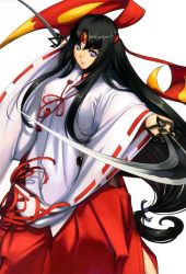  1girl black_hair blind blue_eyes breasts closed_mouth dual_wielding eiwa hakama hakama_skirt headband holding holding_sword holding_weapon japanese_clothes katana kensei-miko_tomoe large_breasts long_hair long_sleeves looking_at_viewer low-tied_long_hair miko official_art queen&#039;s_blade queen&#039;s_blade_rebellion red_hakama red_headband sidelocks simple_background skirt smile solo sword tomoe_(queen&#039;s_blade) tomoe_(queen's_blade) very_long_hair weapon wide_sleeves 