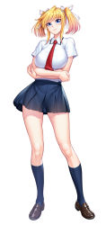 1girl blonde_hair blue_eyes breasts closed_mouth crossed_arms eyebrows full_body hair_between_eyes hair_ribbon highres kneehighs large_breasts lilith-soft looking_at_viewer pointy_ears ribbon school_uniform shinganji_kurenai shiny_skin simple_background skirt smile socks solo standing taimanin_(series) taimanin_kurenai taimanin_rpgx turtleneck twintails uniform zol rating:Sensitive score:42 user:fakyuh