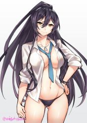 1girl areola_slip between_breasts black_hair black_panties breasts cleavage commentary ge-b gluteal_fold groin hand_on_own_hip idolmaster idolmaster_shiny_colors large_breasts long_hair looking_at_viewer navel necktie necktie_between_breasts open_clothes open_shirt panties shirase_sakuya shirt smile solo standing twitter_username underwear very_long_hair white_background yellow_eyes rating:Questionable score:30 user:danbooru