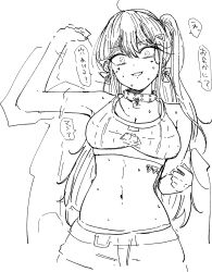  1girl bare_shoulders belt breasts cleavage collar goddess_of_victory:_nikke greyscale highres jackal_(nikke) long_hair low_twintails medium_breasts monochrome open_mouth pinetea shorts side_ponytail sidelocks sketch speech_bubble spiked_collar spikes sports_bra stomach_tattoo sweat nervous_sweating tattoo twintails 