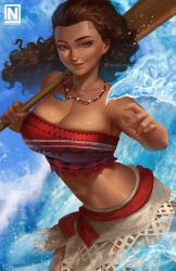  1girl absurdres artist_logo artist_name bare_shoulders breasts brown_eyes brown_hair carrying_over_shoulder cleavage collarbone dark-skinned_female dark_skin highres holding holding_oar jewelry large_breasts long_hair looking_at_viewer moana_(movie) moana_waialiki necklace nopeys oar patreon_logo patreon_username red_tube_top skirt smile solo strapless tube_top water watermark web_address white_skirt 