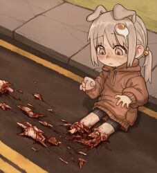  1girl absurdres accident animal_ears bike_shorts blood dog_ears dog_girl egg_hair_ornament exposed_bone exposed_muscle food-themed_hair_ornament funny_(syrupmelty) grey_eyes grey_hair guro hair_ornament highres hood hoodie looking_down original parted_lips road self-harm_scar severed_leg severed_limb sitting solo sweat syrupmelty tearing_up  rating:Explicit score:7 user:danbooru