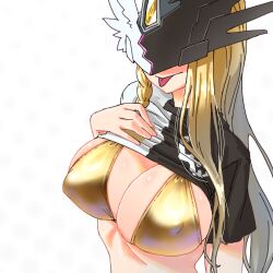  1girl asymmetrical_mask bikini black_shirt blonde_hair braid breasts cleavage closed_mouth clothes_lift commentary_request covered_erect_nipples covered_eyes digimon digimon_(creature) gerusyu gold_bikini helmet helmet_over_eyes highres large_breasts lifted_by_self long_hair mask mastemon paid_reward_available ponytail shirt shirt_lift short_sleeves side_braid sidelocks simple_background solo split-color_clothes standing swimsuit t-shirt tongue tongue_out two-tone_shirt upper_body white_background white_shirt winged_helmet 